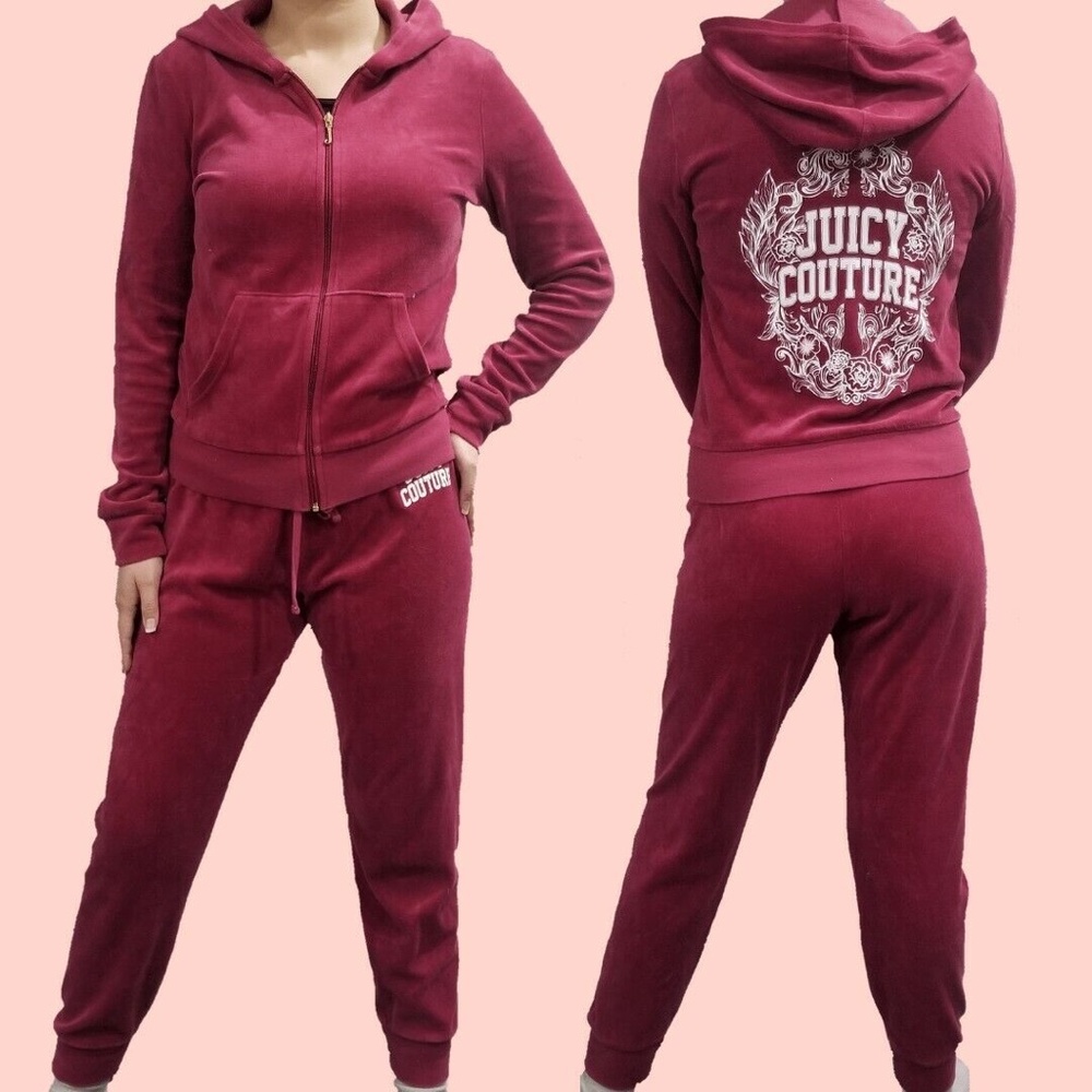 Y2k Juicy Couture TrackSuit Matching Set Burgundy Red Medium Jacket Pants Logo